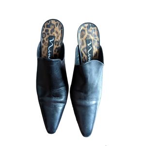 Nina Black Leather Mules with Leopard Print Insole